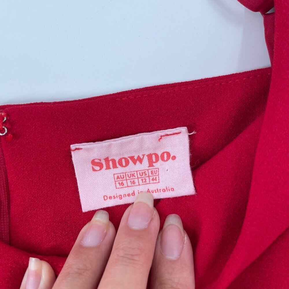 Showpo Red Spaghetti Strap Ruffle V-Neck Dress Womens Size 12 Feminine Flirty - Picture 6 of 11